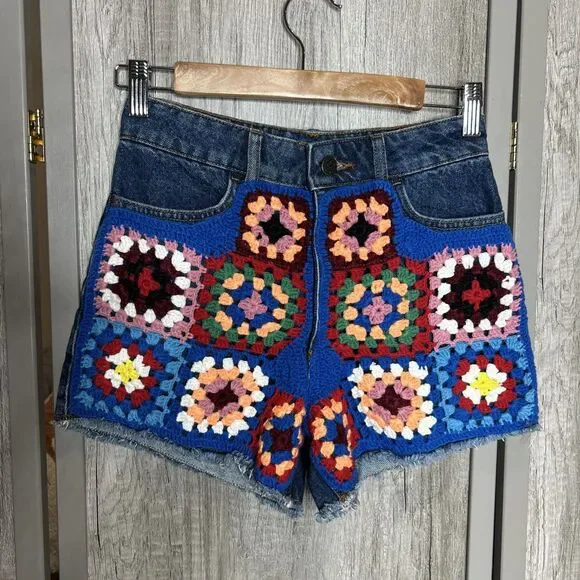 Farm Rio for Anthropologie Shorts 25 Crochet Granny Square Denim Boho - Picture 2 of 7